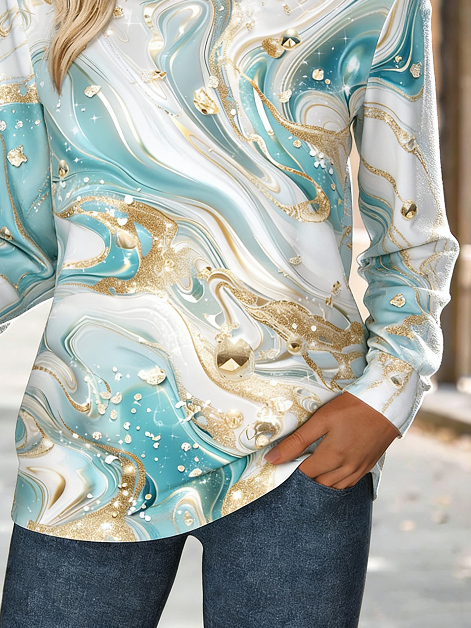 Chevron Cotton-Blend Casual Crew Neck Sweatshirt