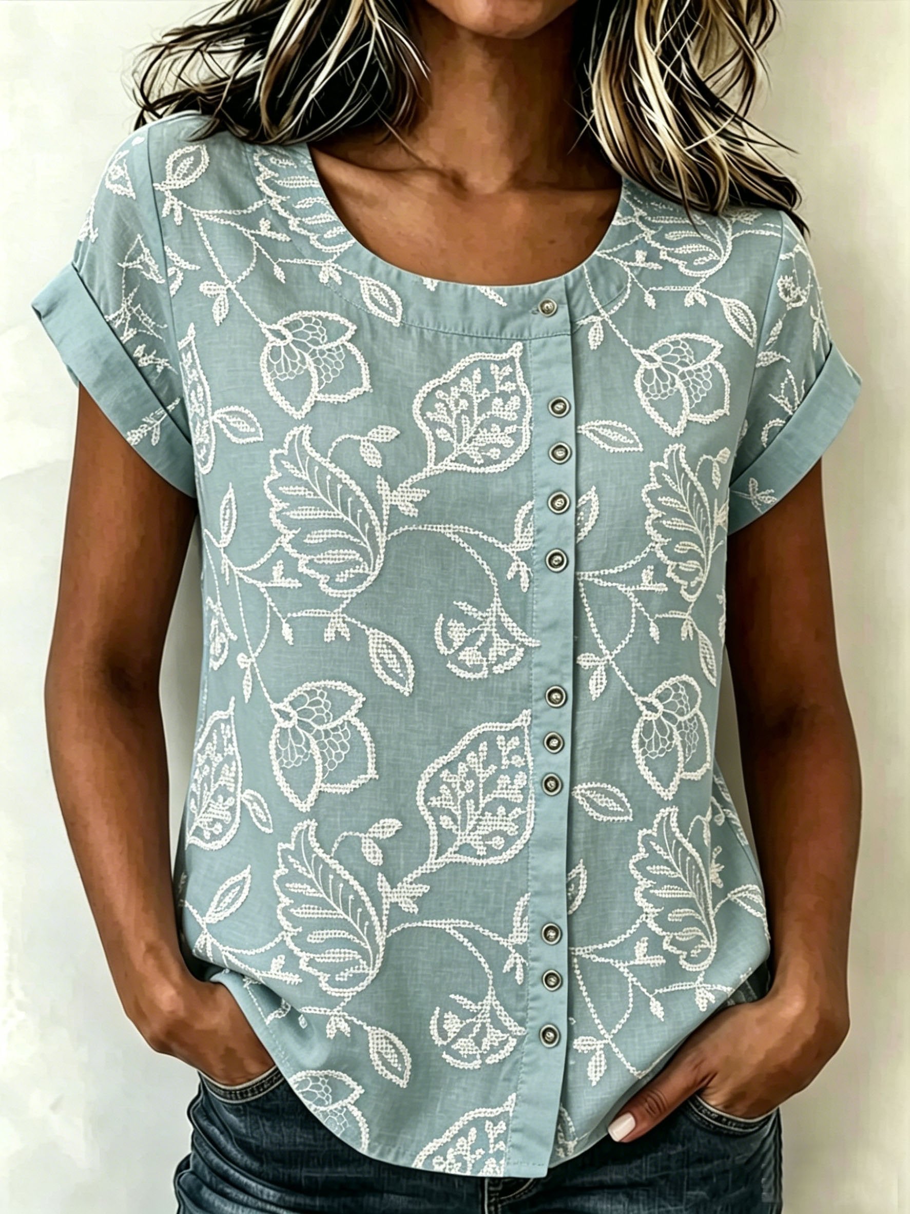 3D Printing Casual Linen Blend Crew Neck Short Sleeve Button Loose Casual Top