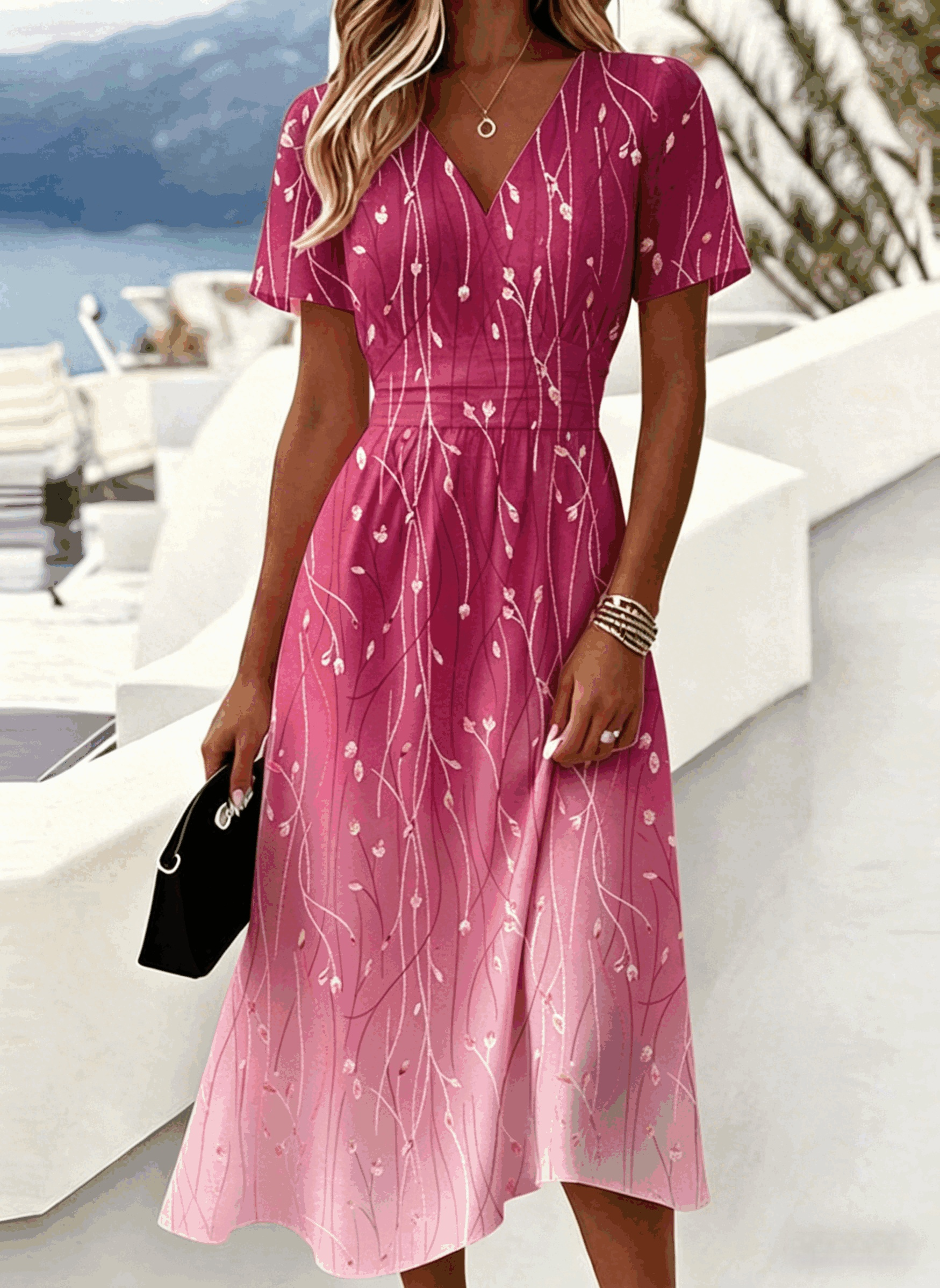 Elegant Regular Fit Floral V Neck Dress With No