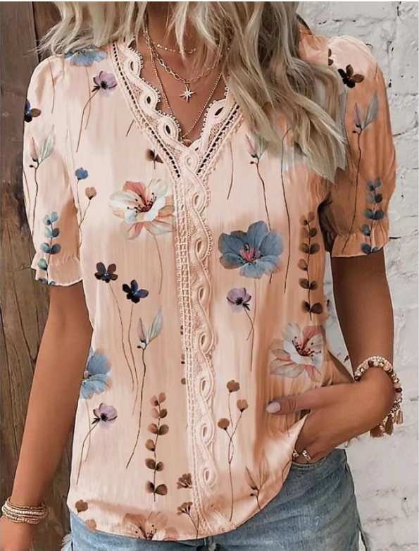 Blue Floral Short Sleeve Ruffle V Neck Lace Trim Summer Going Out Casual Blouse