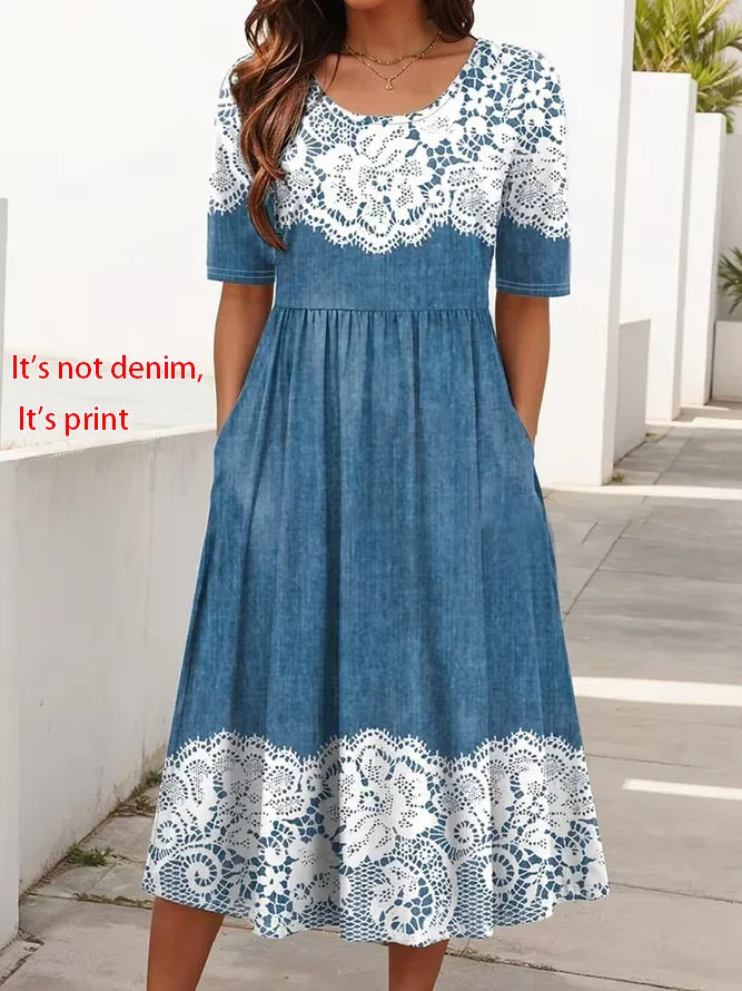 Women's Short Sleeve Summer Blue Faux Denim Print Graphic Printing Crew Neck Daily Going Out Casual Maxi H-Line Shift Dress Dress