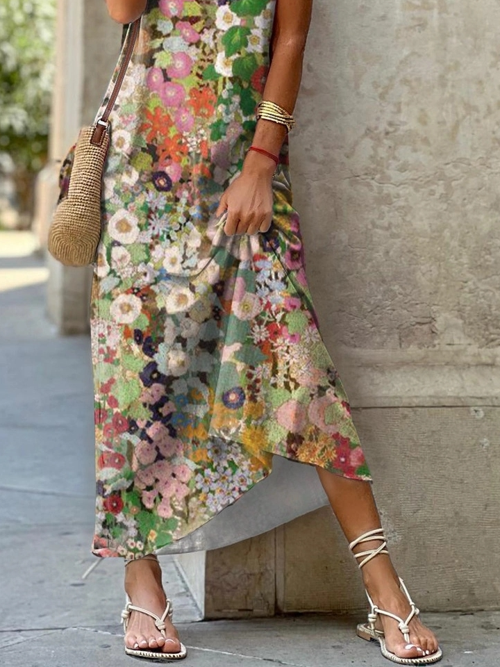 Women's Crew Neck Printed Dress with Side Slits