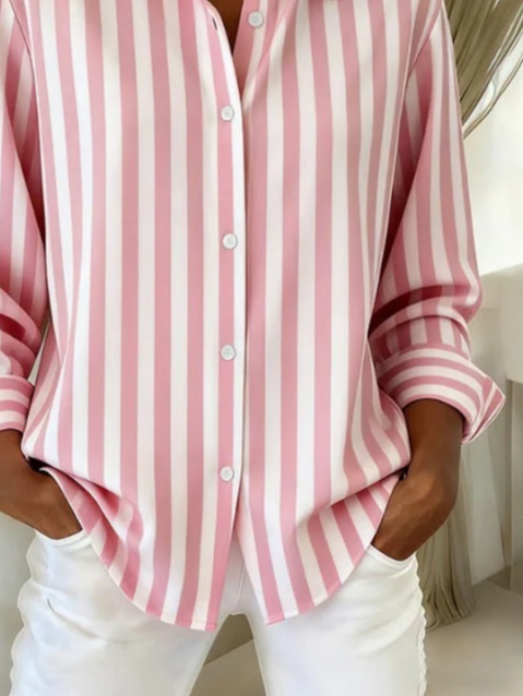 Women's Long Sleeve Shirt Spring/Fall Pink Striped Buckle Shirt Collar Regular Sleeve Daily Going Out Casual Top