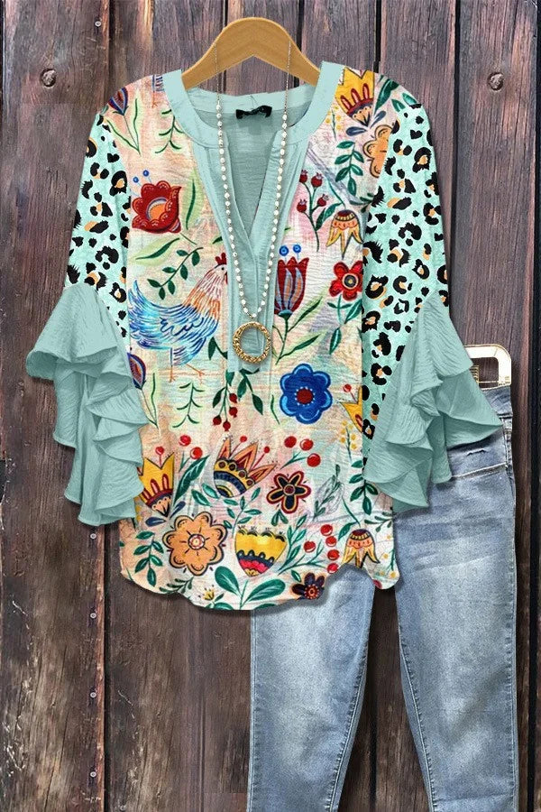 Boho Floral V-Neck Ruffle 3/4 Sleeve blouse