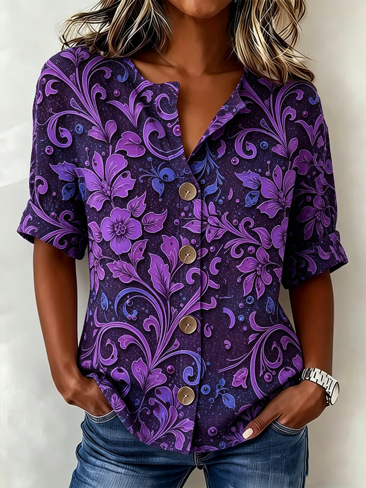 V Neck Casual Floral Loose Shirt