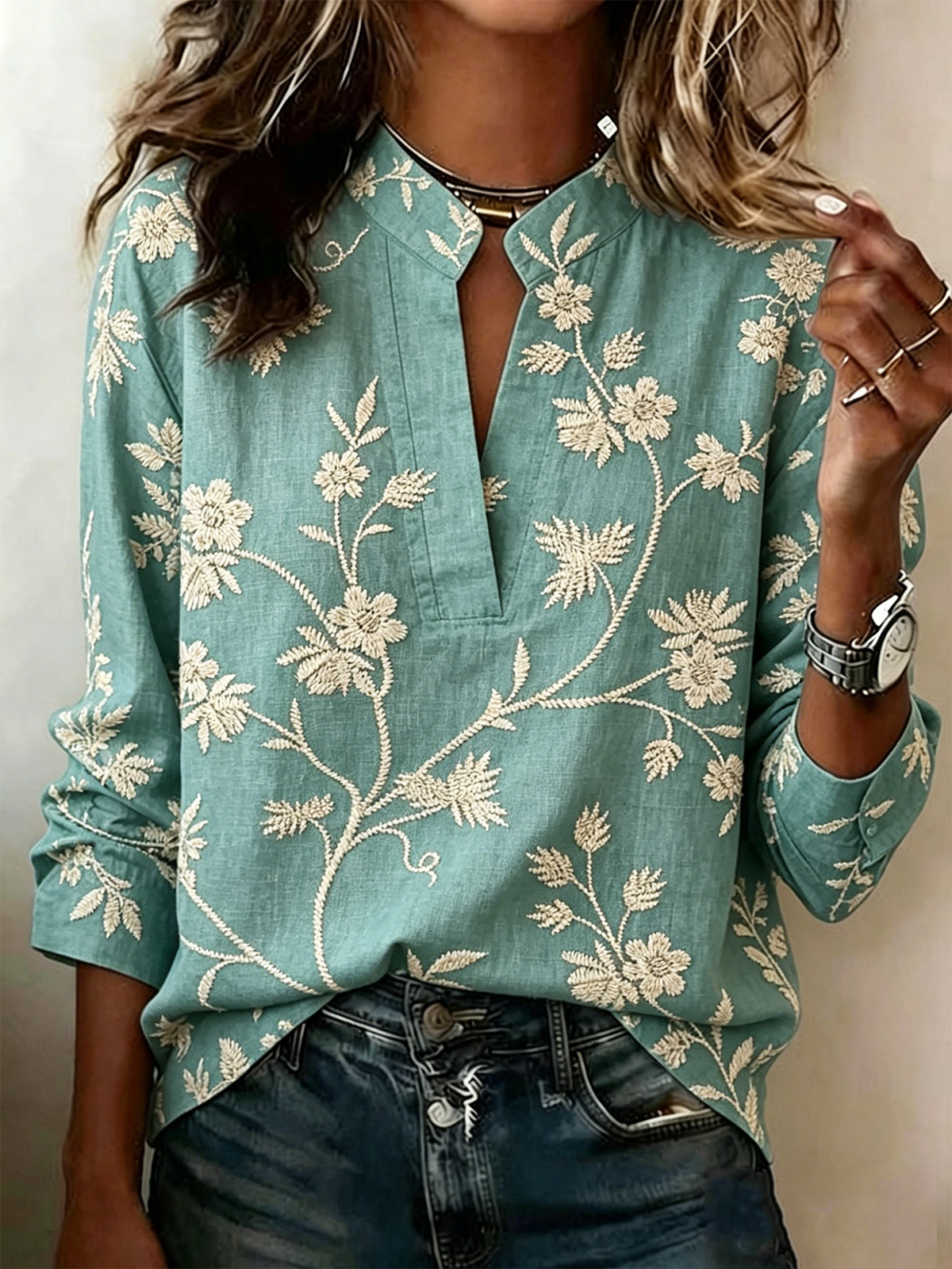 Loose Floral V Neck Vintage Blouse
