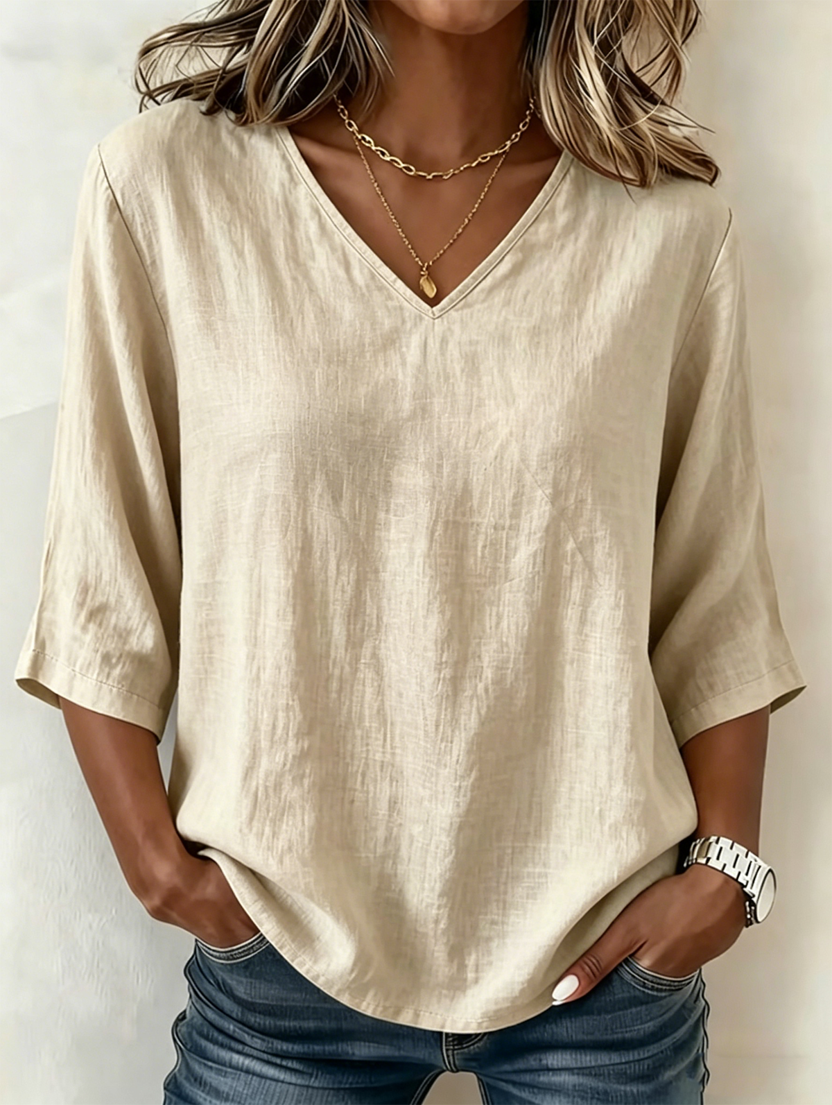 Loose Plain Casual V Neck Blouse