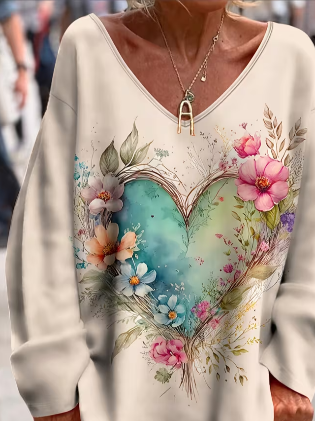 Women's Long Sleeve T-shirt Spring/Fall Apricot Floral Printing V Neck Daily Going Out Casual Top
