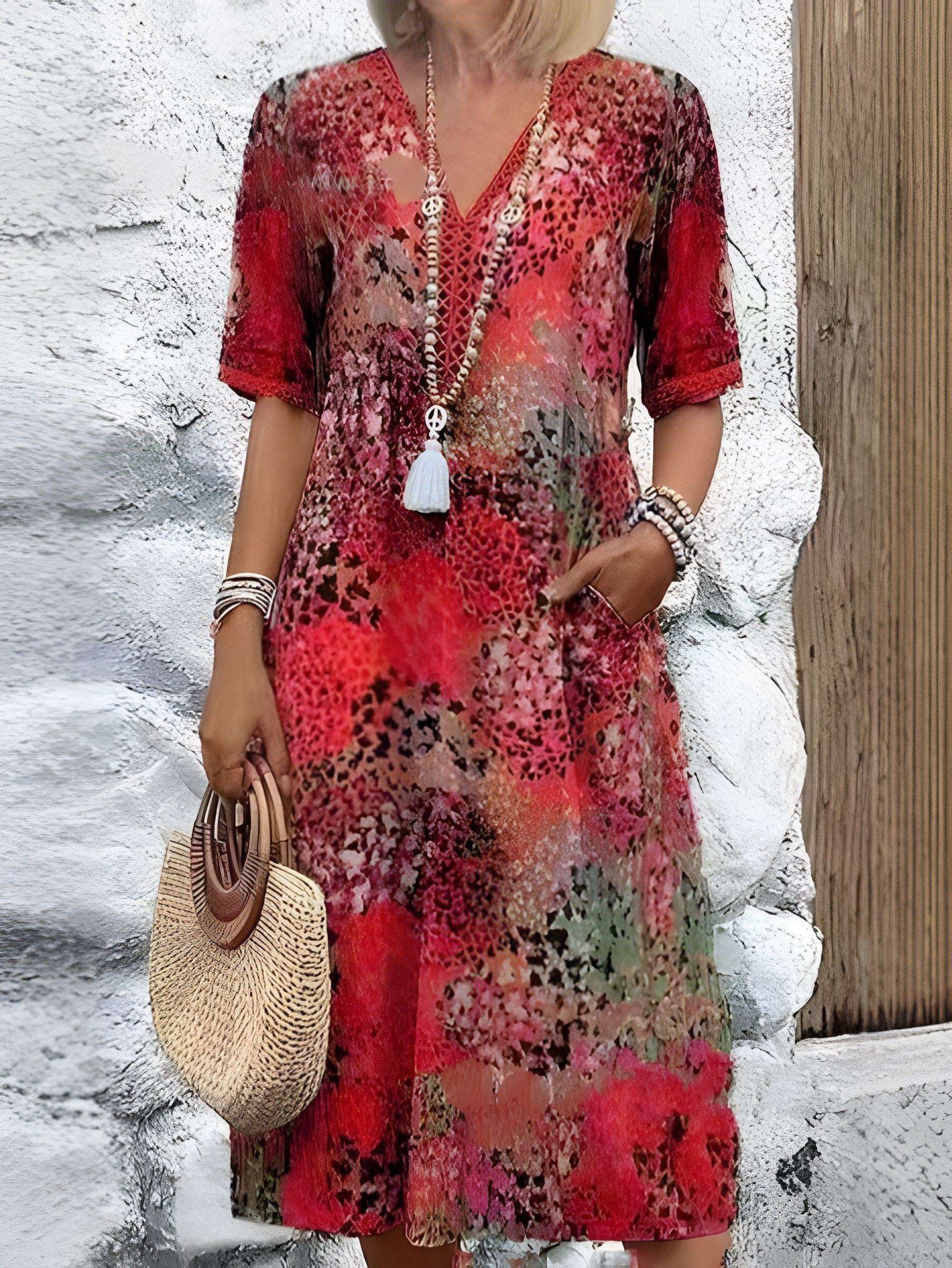 Women's Short Sleeve Summer Khaki Floral Split Joint V Neck Daily Going Out Vintage Maxi A-Line T-Shirt Dress Dress