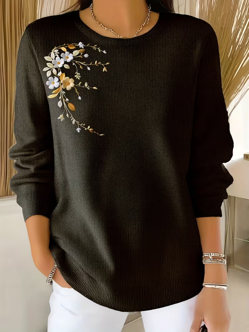 Simple Crew Neck Floral Printing Sweater
