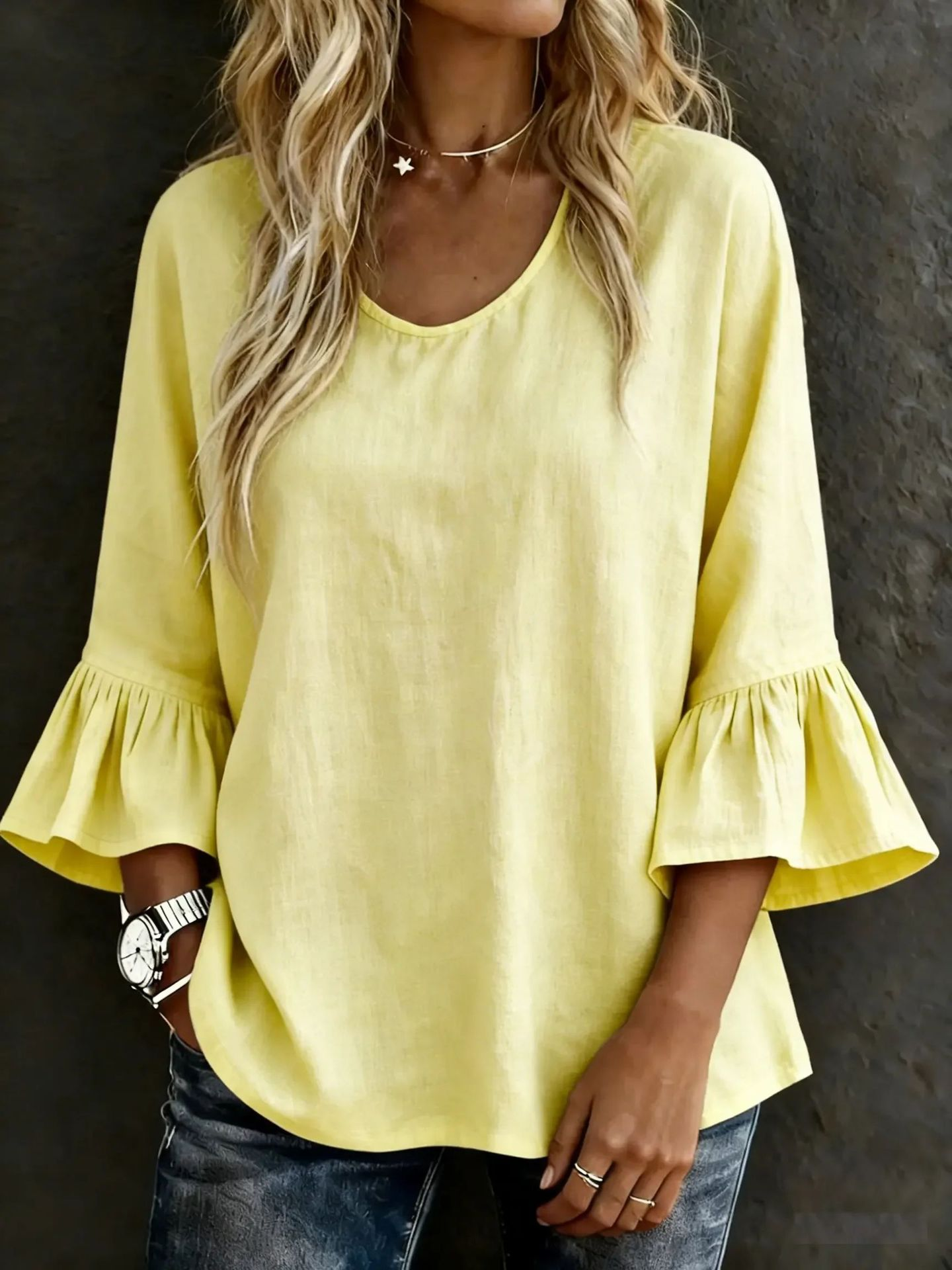 Casual Cotton Blend V Neck The Quarter Sleeve Ruffle Cuff Daily Going Out Casual Top