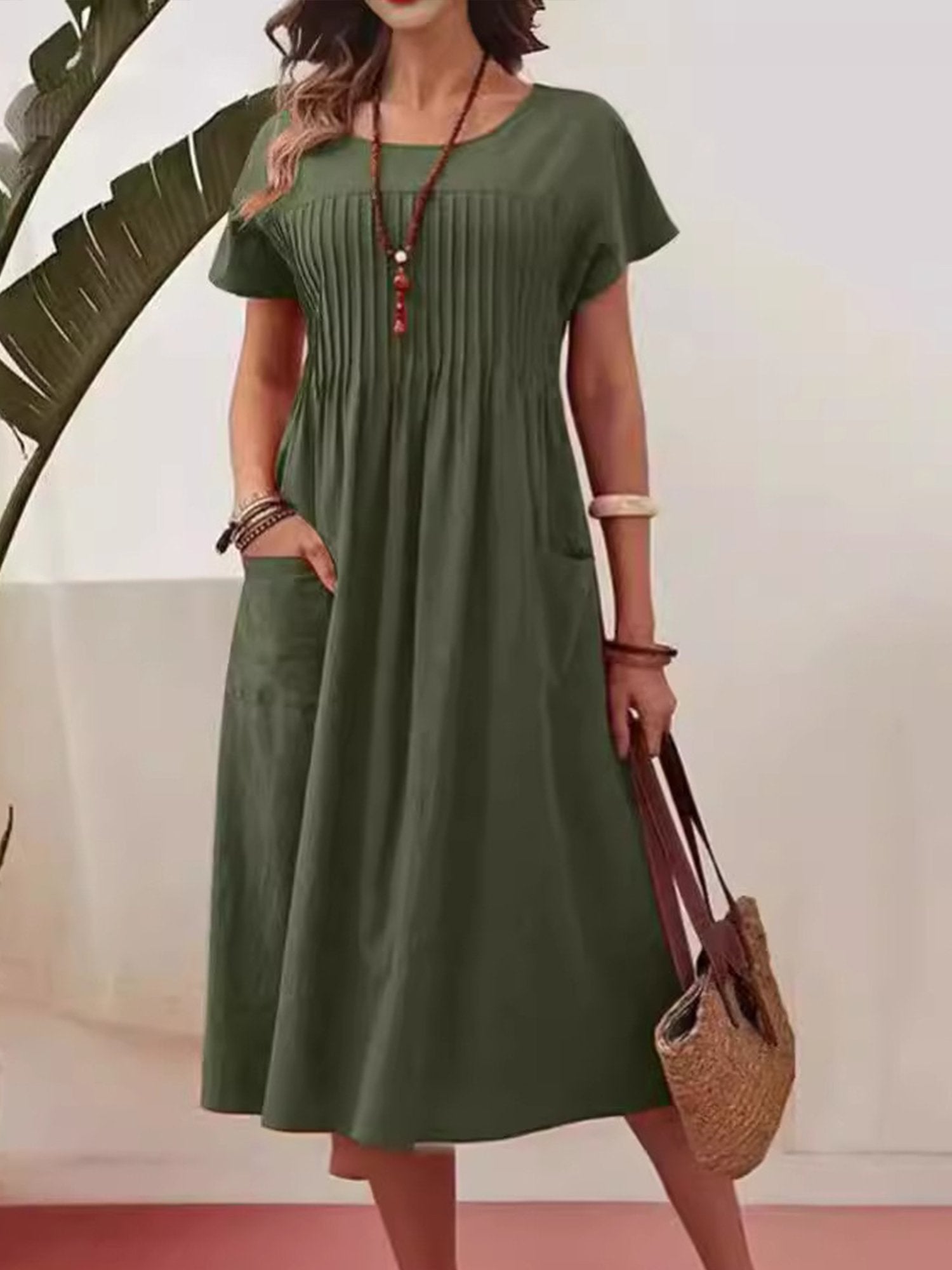 Casual Plain Gathered Crew Neck Midi Dress