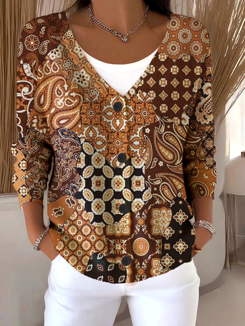 Casual V Neck Loose Geometric Cardigan