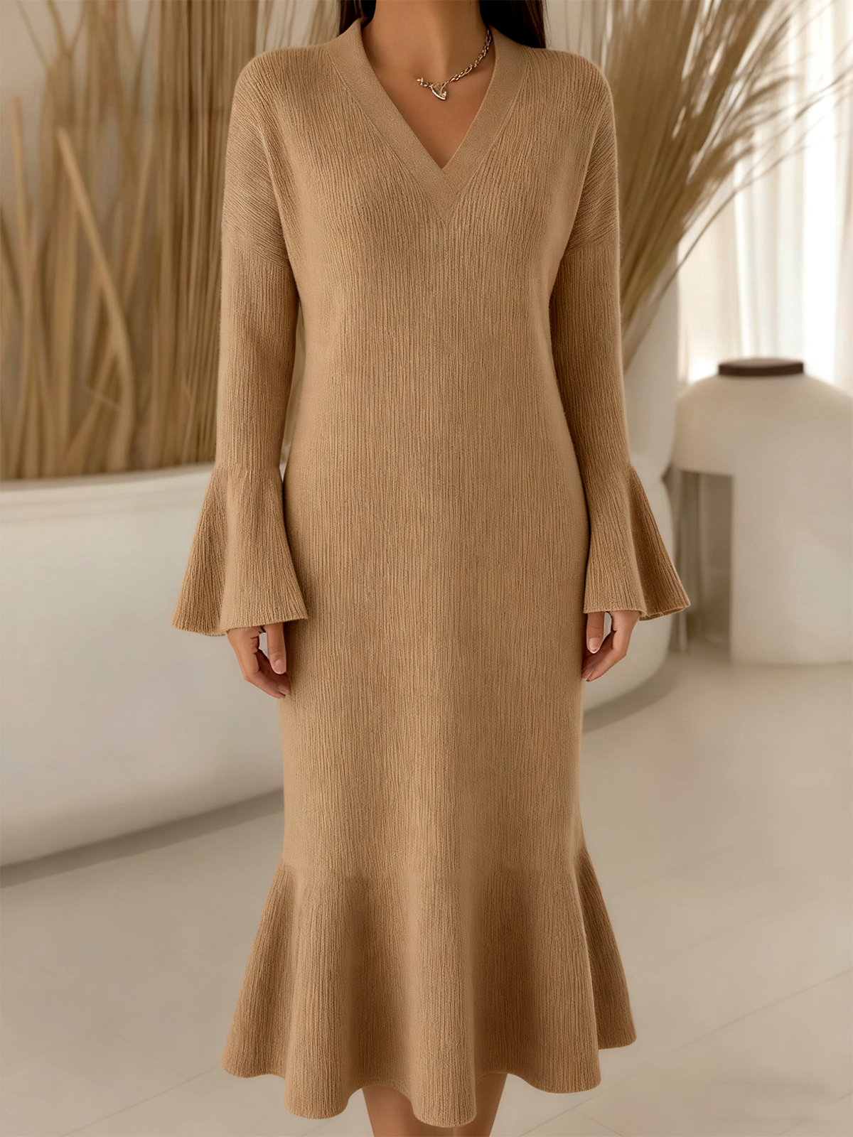 V Neck Sexy Knitted Sweater Dress With No
