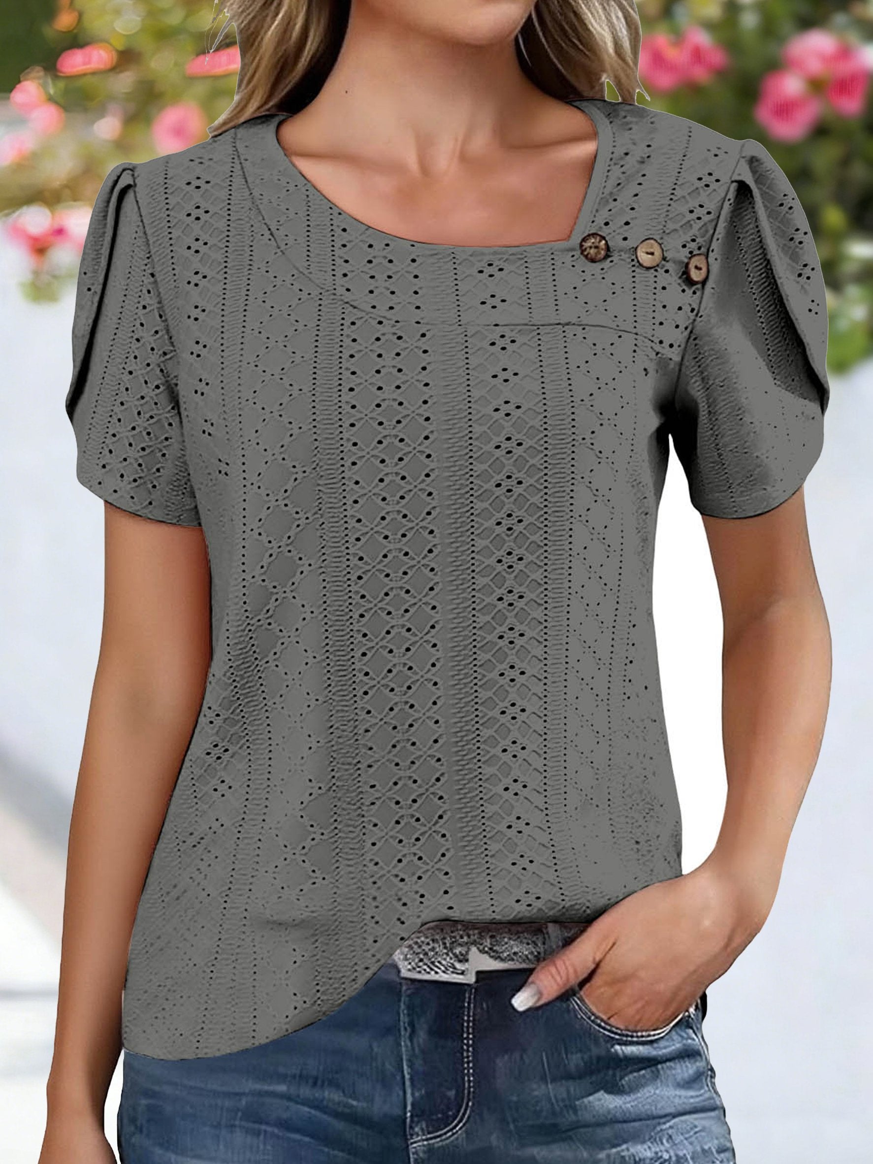 Asymmetrical Neck Button Short Sleeve Summer Going Out Casual T-Shirt