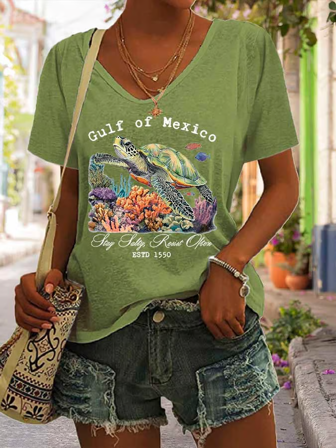 Women's Gulf Of Mexico Print Casual V Neck T-Shirt