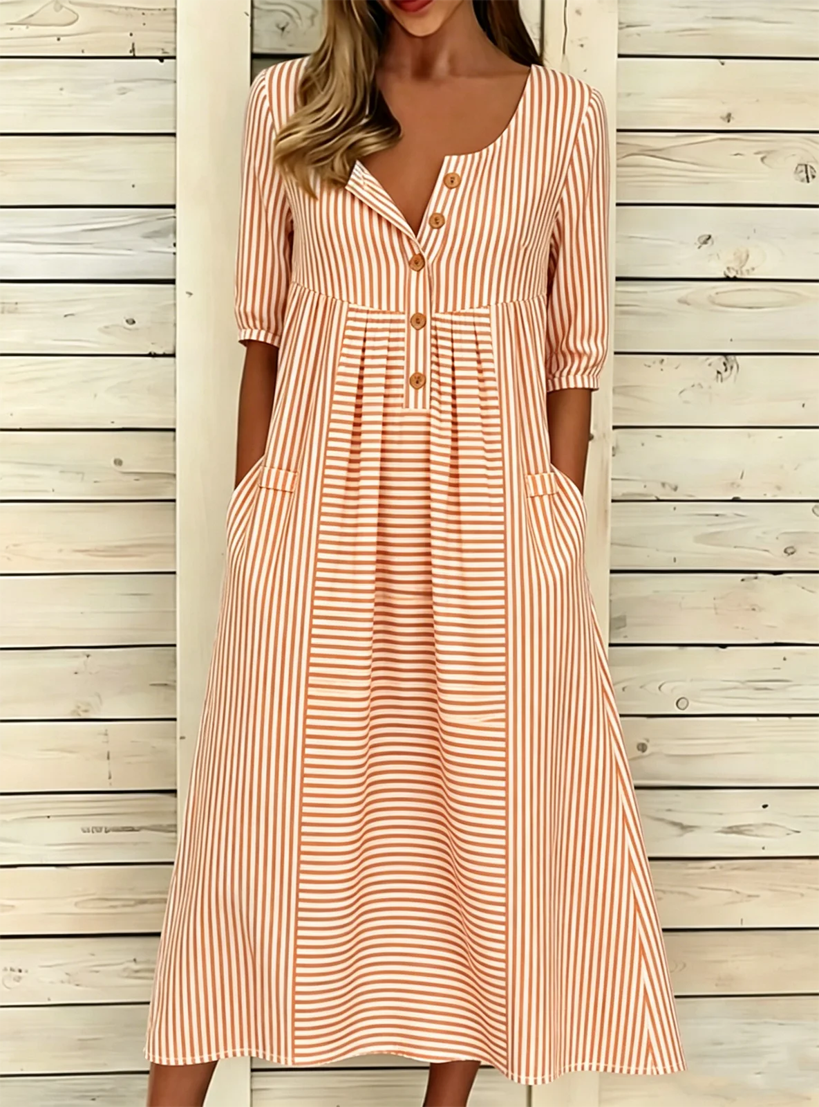 Loose Striped Vintage Half Open Collar Dress With No