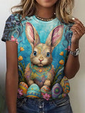 Retro style cute rabbit print short sleeved T-shirt
