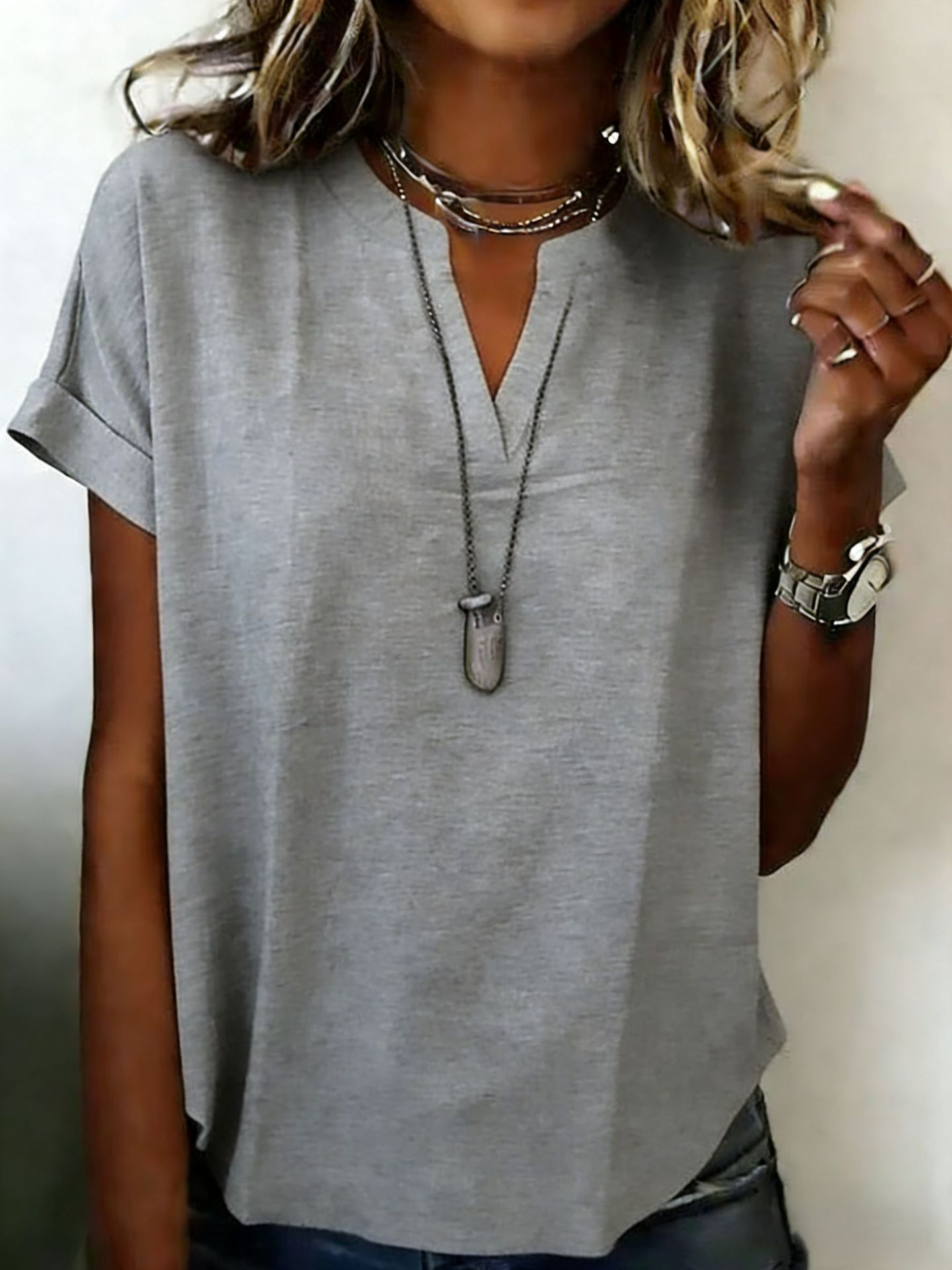 Polyester Cotton V Neck Short Sleeve Casual Blouse