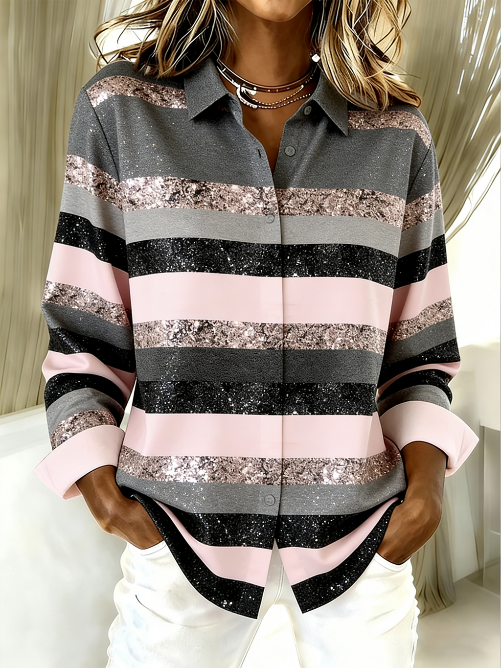 Striped Shirt Collar Loose Simple Shirt