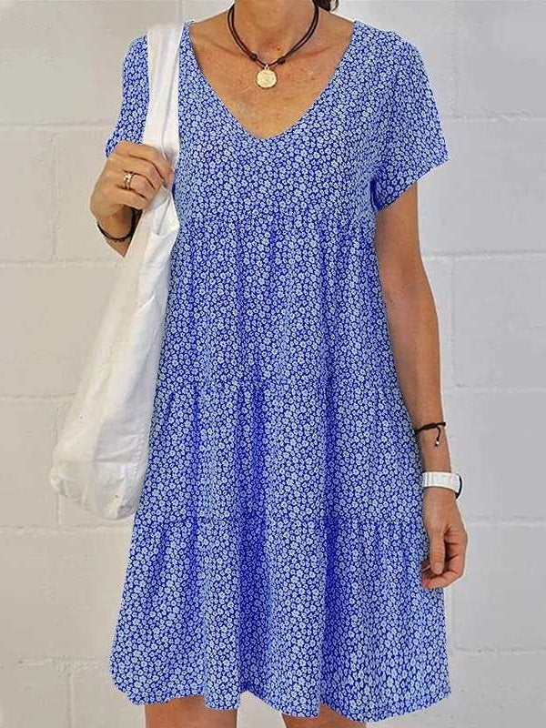 Women's Short Sleeve Summer Royal Blue Floral Printing V Neck Daily Going Out Casual Midi A-Line Tank Dress
