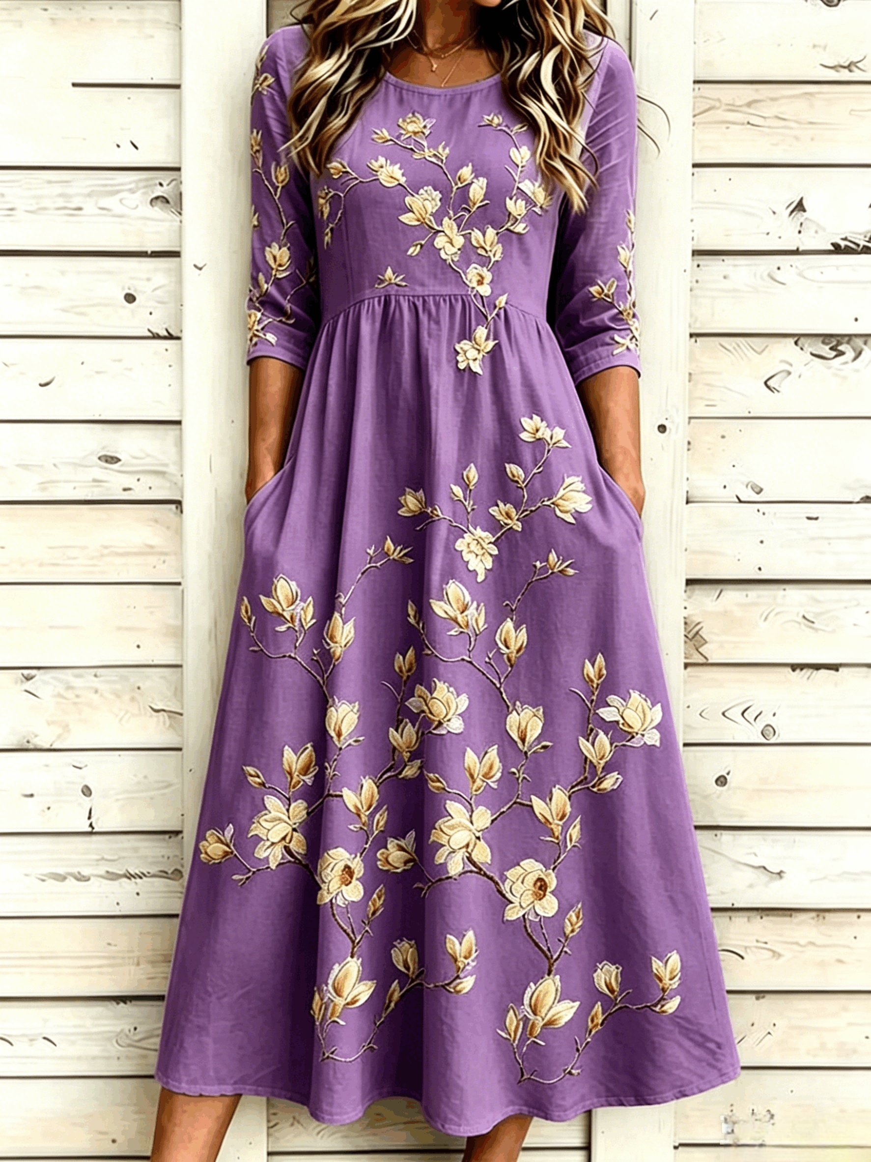 Women's Light Blue Floral Print Maxi Dress Round Neck 3/4 Sleeve Casual A-Line Dress with Pockets