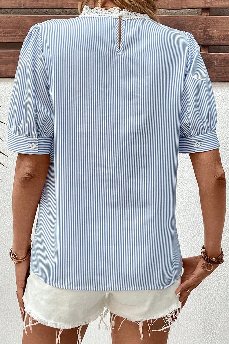 Striped Round Neck Puff Short Sleeve Lace Trim Summer Casual Top