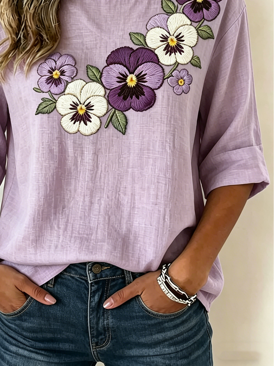 Elegant Cotton And Linen Floral Crew Neck Shirt