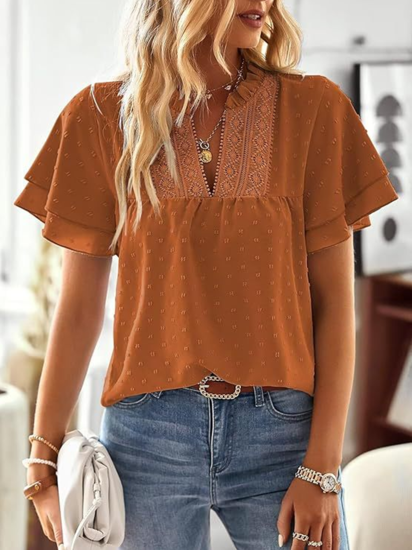 Loose V Neck Ruffle Short Sleeve Lace Elegant Blouse