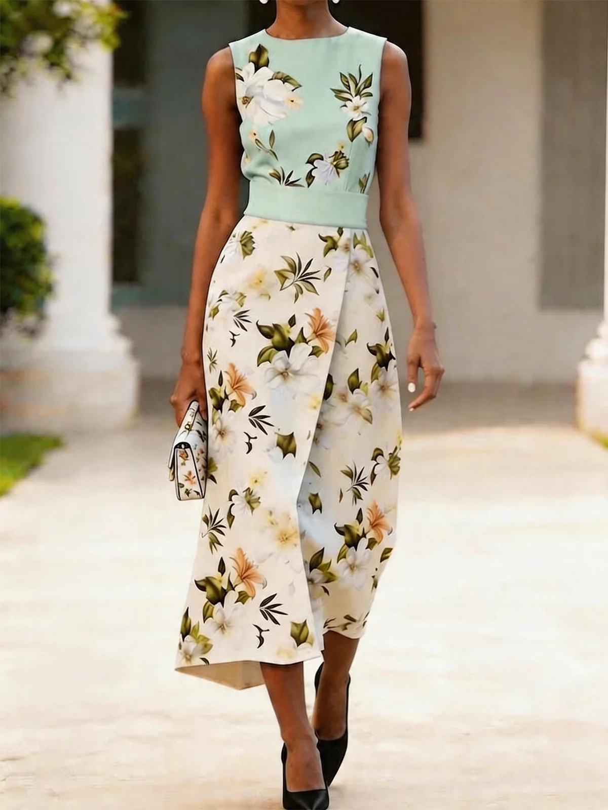 Blue & Cream Magnolia Floral Sleeveless Wrap Midi Dress