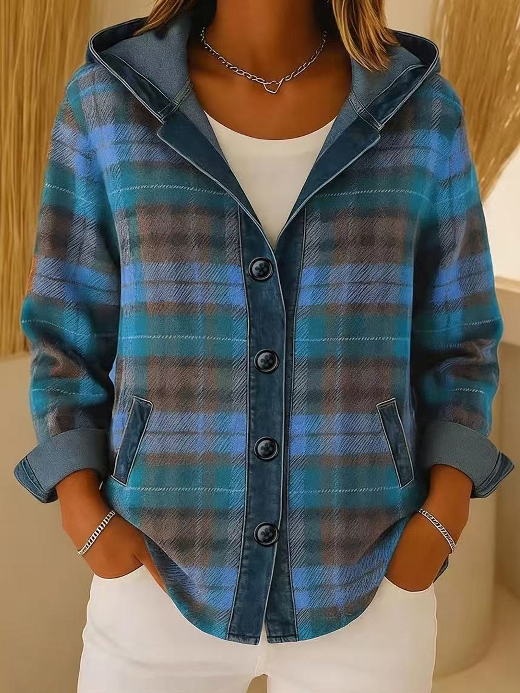 Plaid Color Block Denim Casual Loose Long Sleeve Button Cardigan with hooded Going Out Casual Hoodie