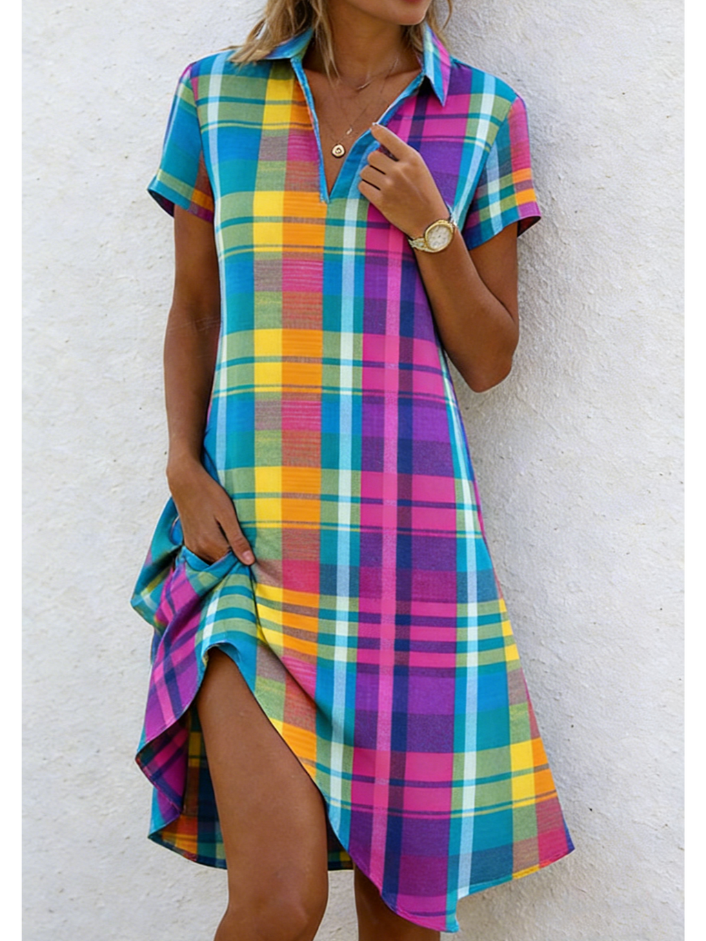 Loose Casual Plaid Shawl Collar Shirt Dress With No