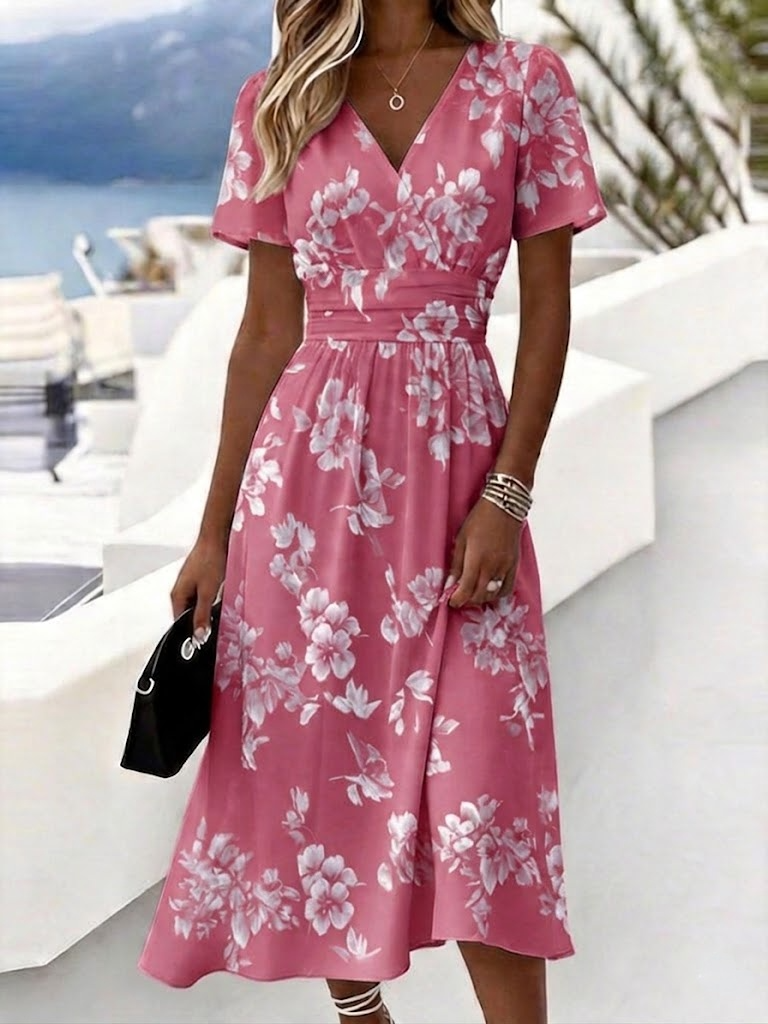 Women’s Light Blue Floral Print Wrap V Neck Midi Dress Boho Summer Dress