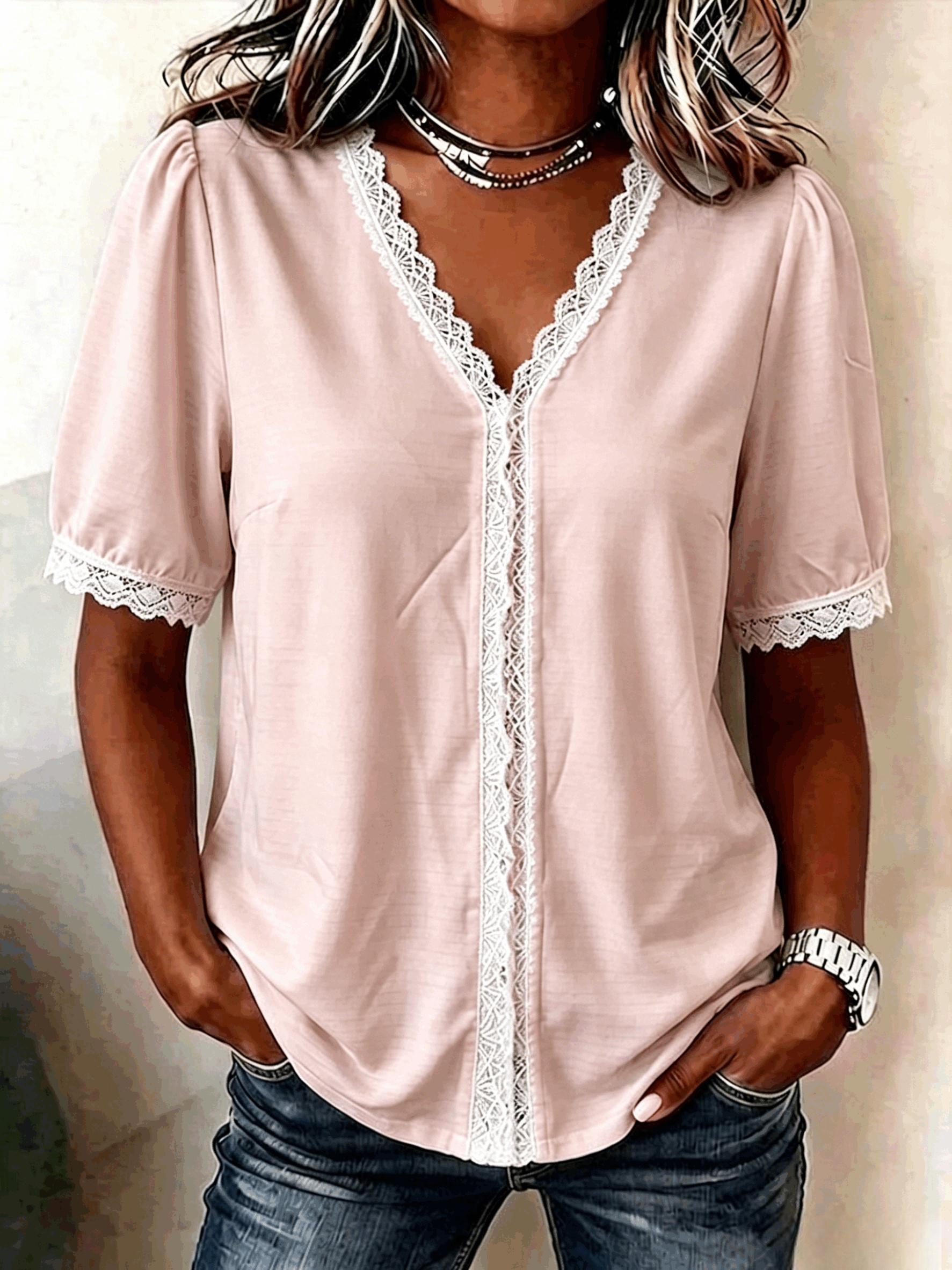 Plain Regular Fit V Neck Casual Blouse