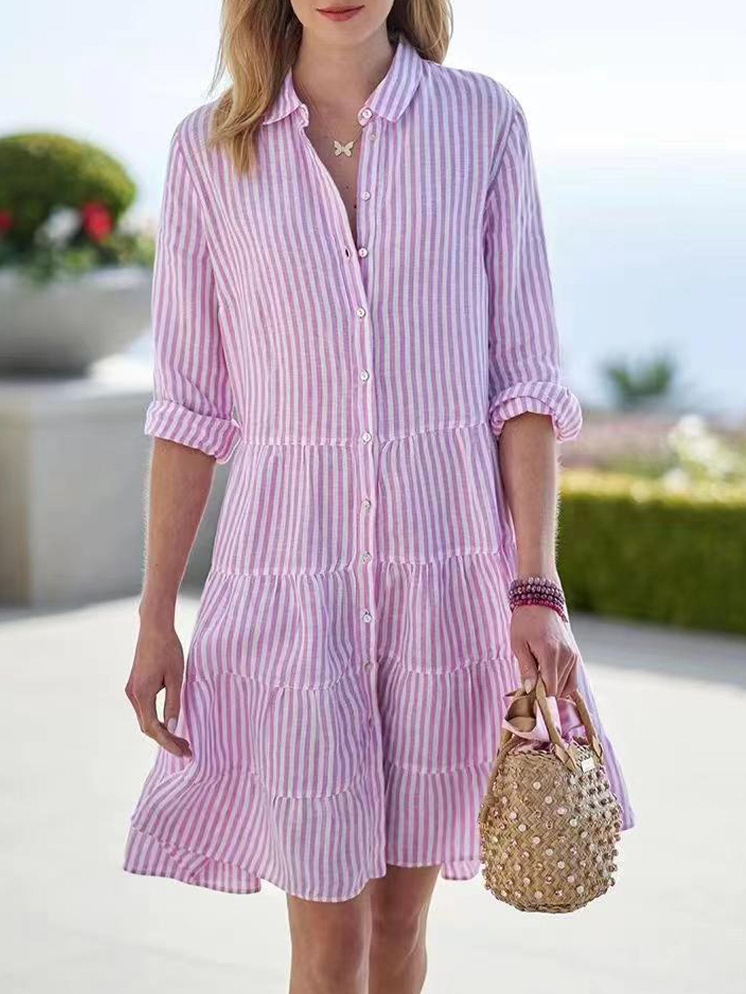 Casual Striped Shirt Collar Knee Length Dress