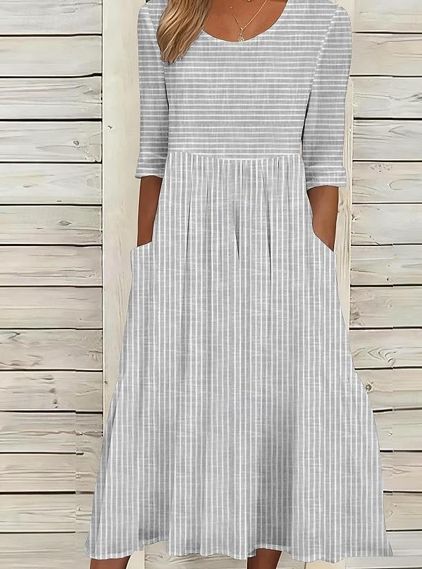 Loose Crew Neck Casual Striped Dress With No