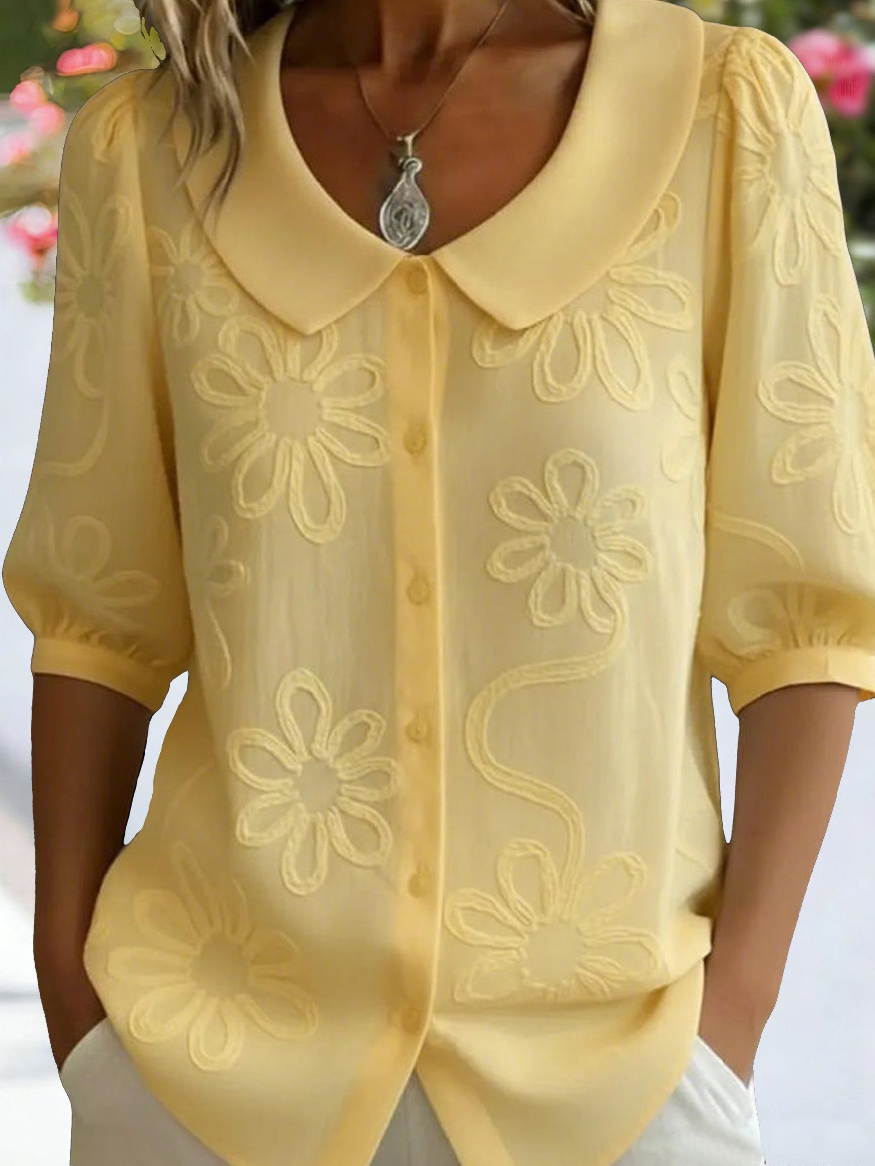 Floral Short Sleeve Crew Neck Button Spring Loose Going Out Casual Top