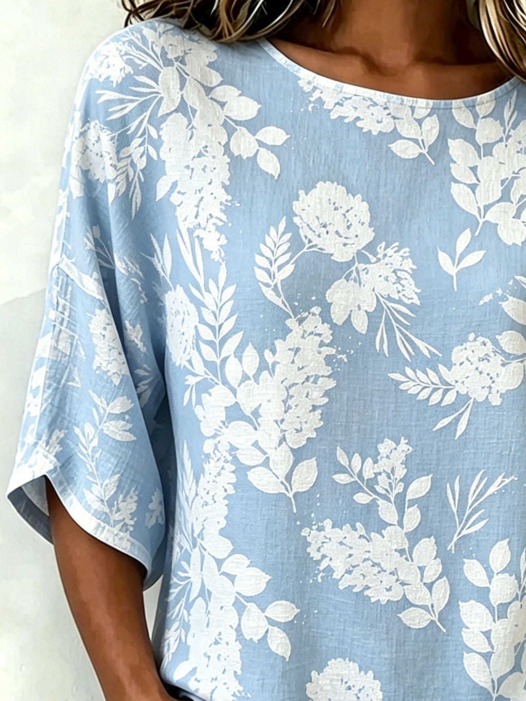 Cotton And Linen Blue Floral Vintage Loose Casual Top