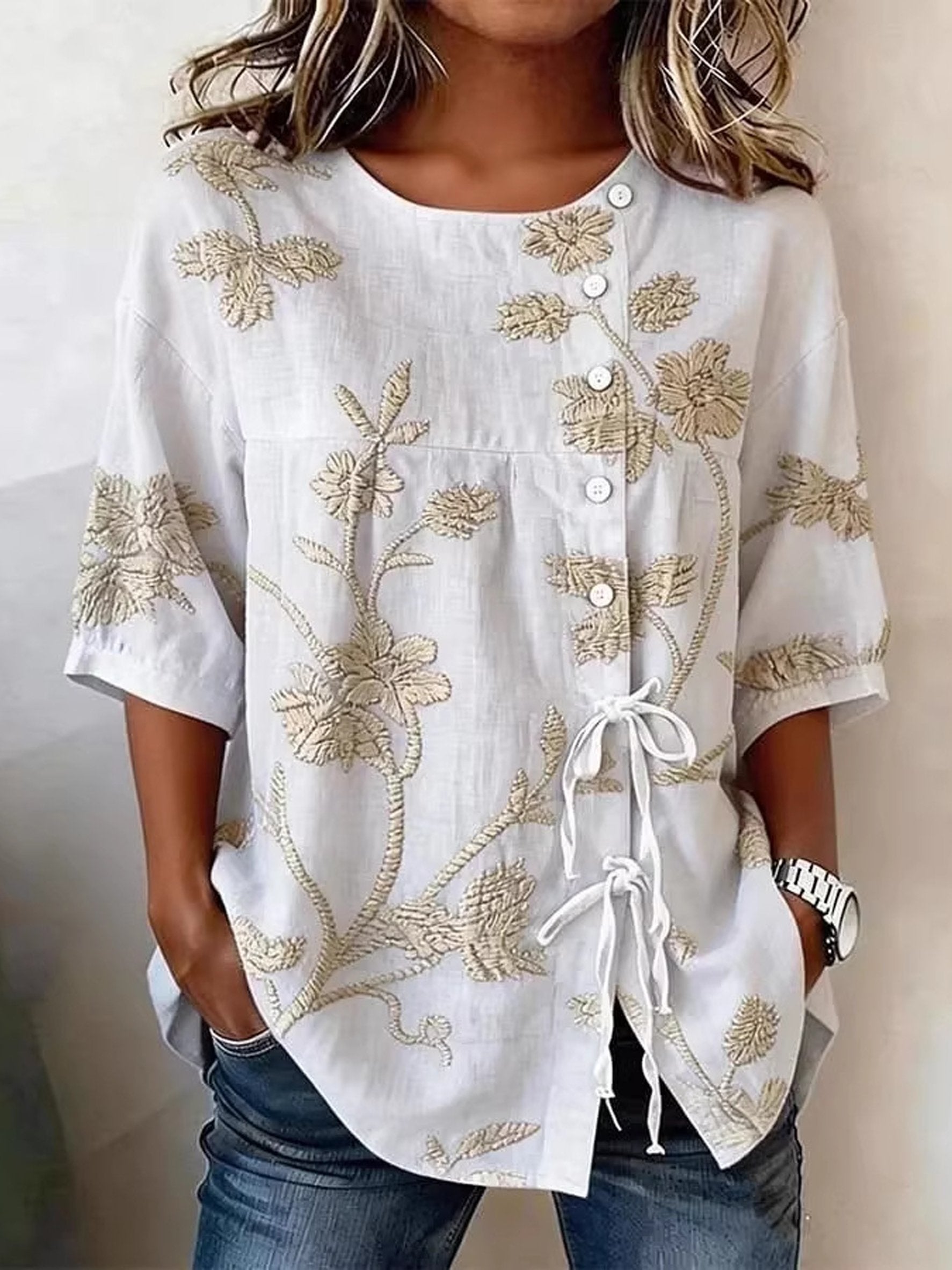 Polyester Cotton Floral Round Neck Short Sleeve Button Drawstring Casual Blouse