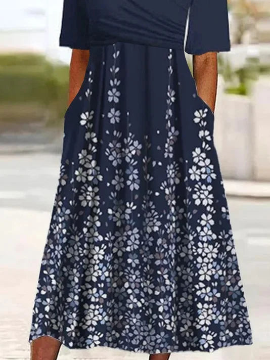 Women's Navy Gradient Floral Print Maxi Dress V-Neck Elbow Sleeve Wrap Waist A-Line Dress