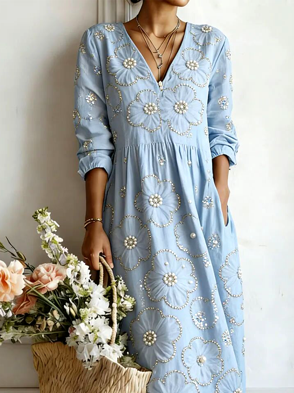 Vintage Loose V Neck 3D Printing Dress With No