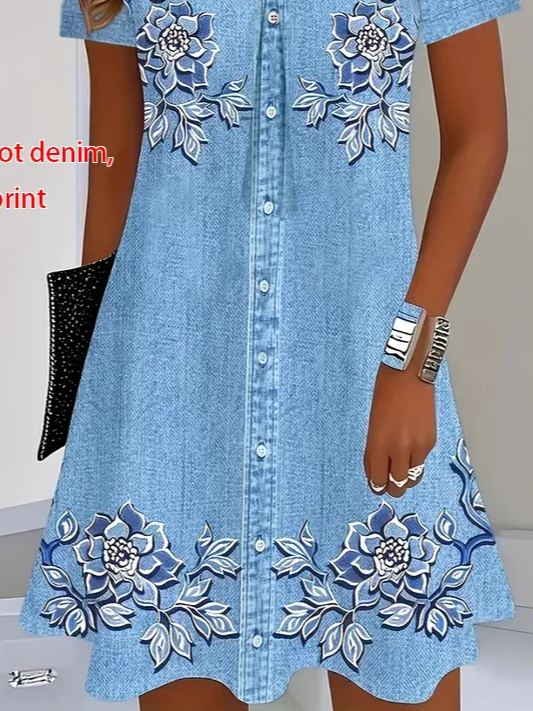 Women's Short Sleeve Summer Blue Floral Printing V Neck Daily Going Out Casual Knee Length H-Line T-Shirt Dress Dress