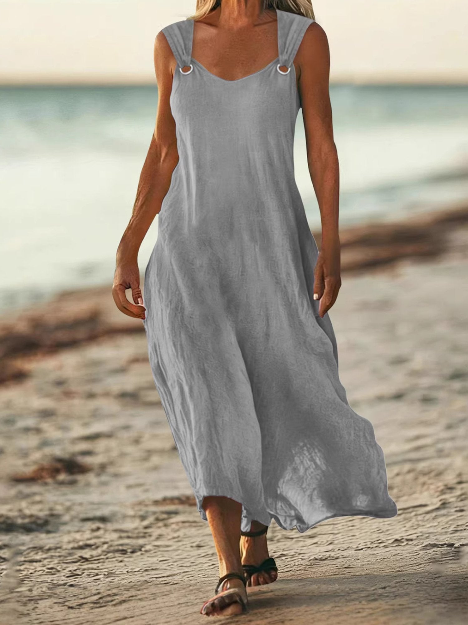 Casual Plain V Neck Midi Dress