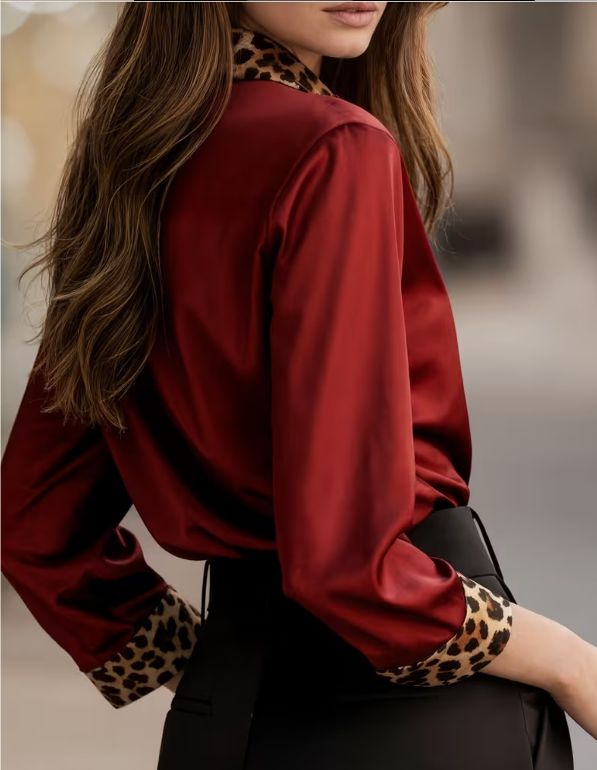 Women's Elegant Satin Color Block Leopard Printing Long Sleeve Shawl Collar Shirt
