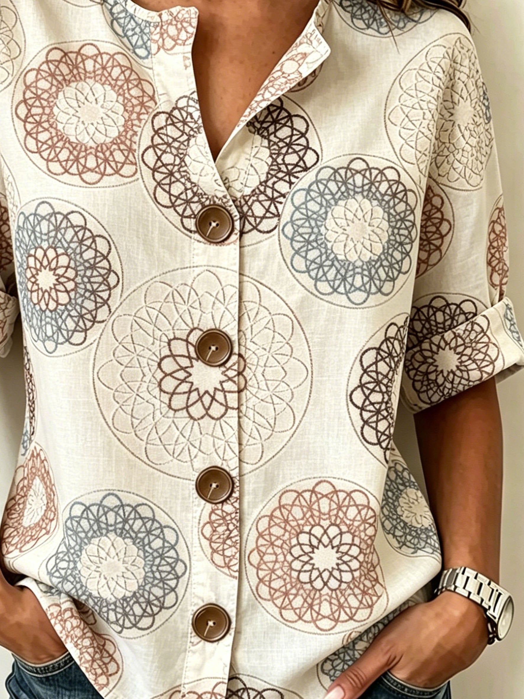 Vintage Abstract Floral Stand Collar Botton Spring Summer Linen Blend Casual Shirt