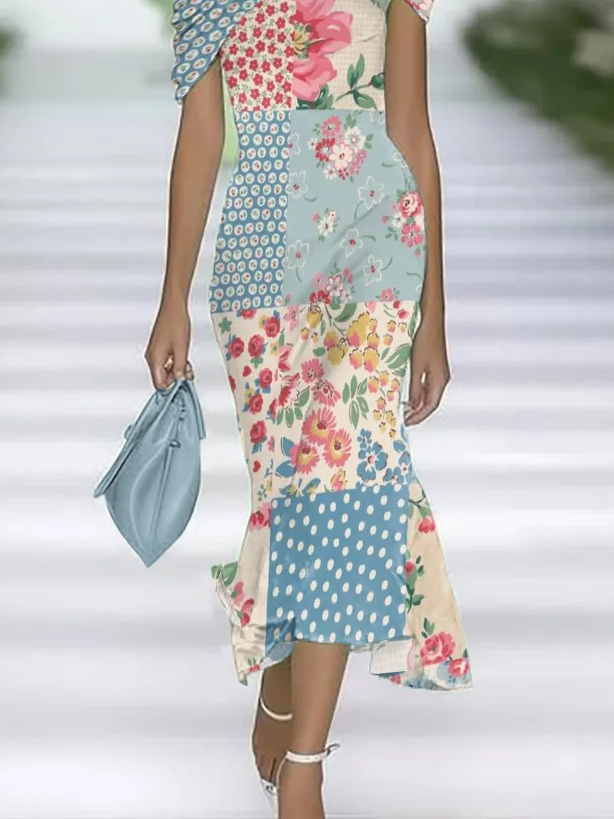 Women's Cap Sleeve Summer Blue Floral Printing Cold Shoulder Daily Going Out Vintage Maxi H-Line Dress