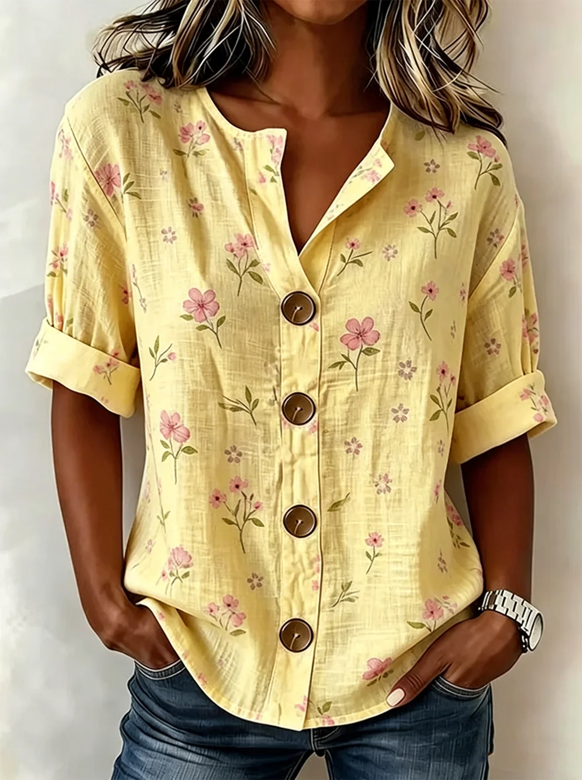Women's Floral Print Linen Blend V-Neck Button Front Rolled Sleeve Blouse
