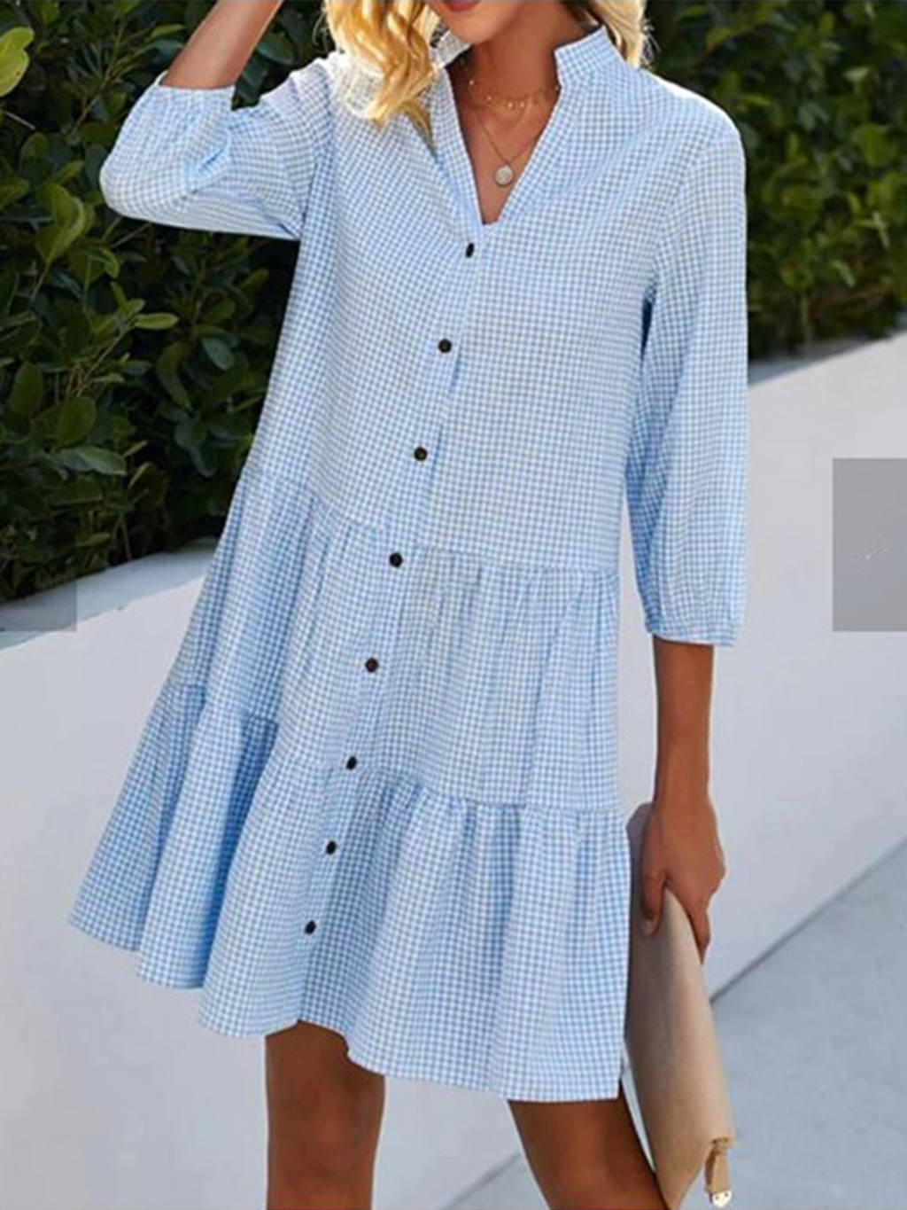 Plaid Mandarin Collar Shirt Dress with Half Sleeves
