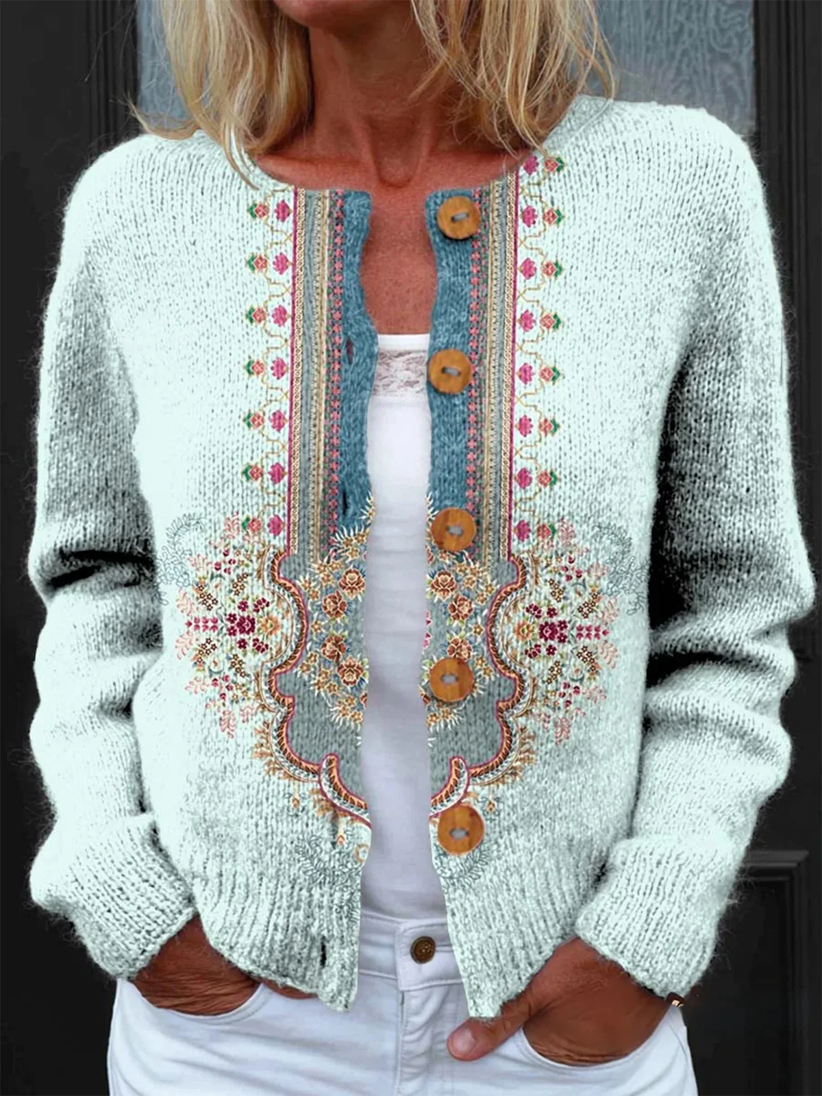 Vintage Floral Art Print Buttoned Cardigan Sweater
