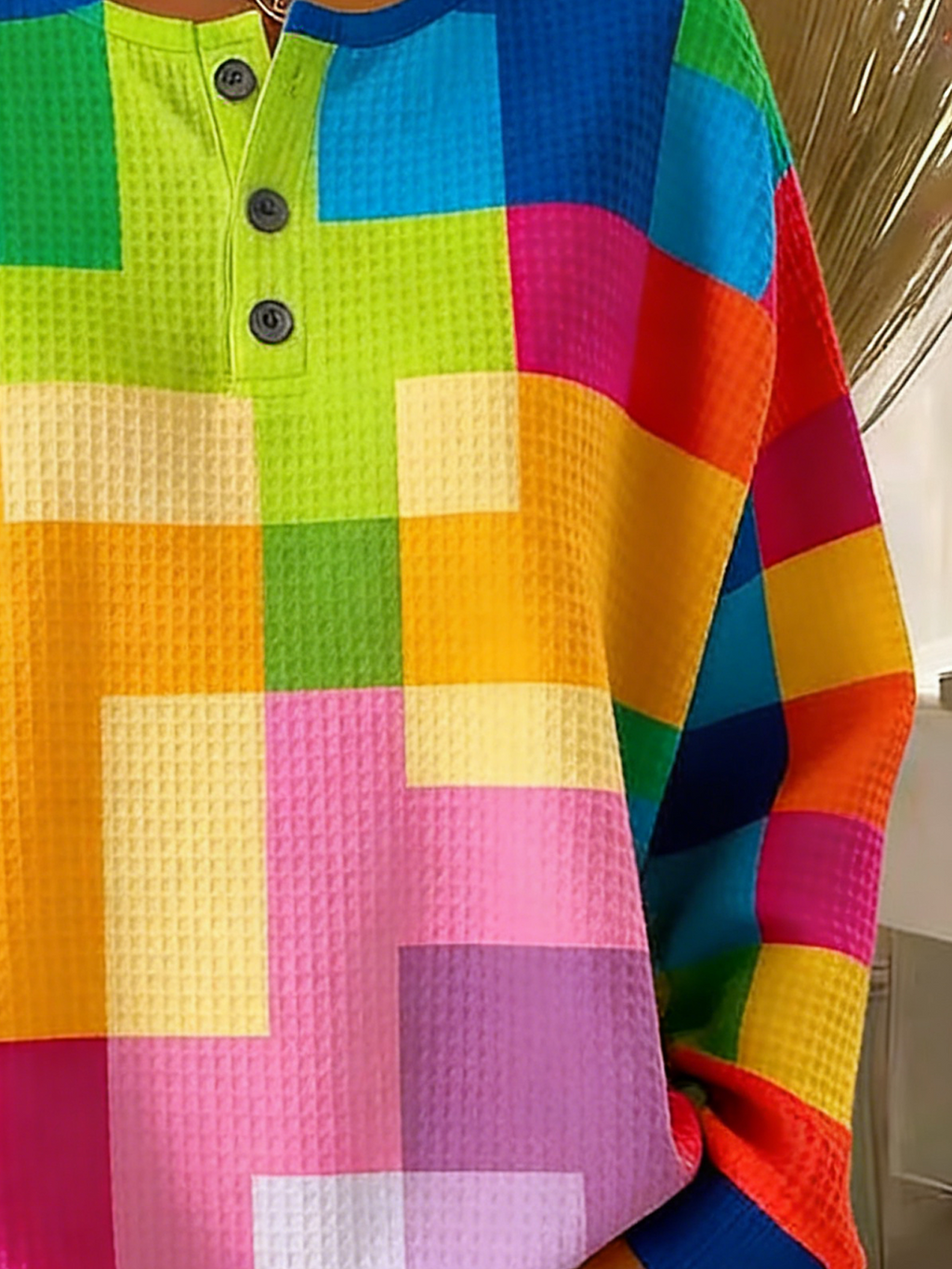 Women's Geometric Print Button-Up Casual Waffle Knit Sweatshirt